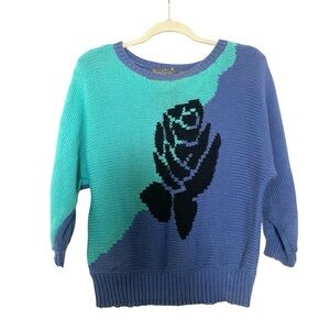 Vintage Y2K Floral Rose Colorblock Sweater Turquoise Blue Black